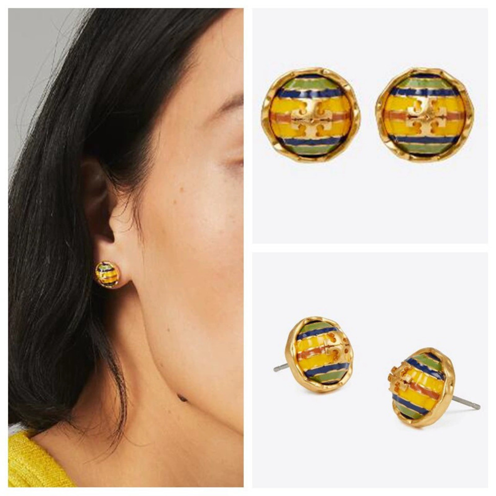 Tory Burch 3D Multicolor Striped Enamel Hoop Earrings